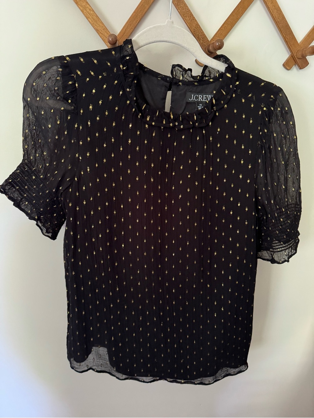 NWOT J. Crew Black and Gold Metallic Dot Blouse